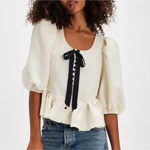 Free People Ivory Blouse with Black Bow